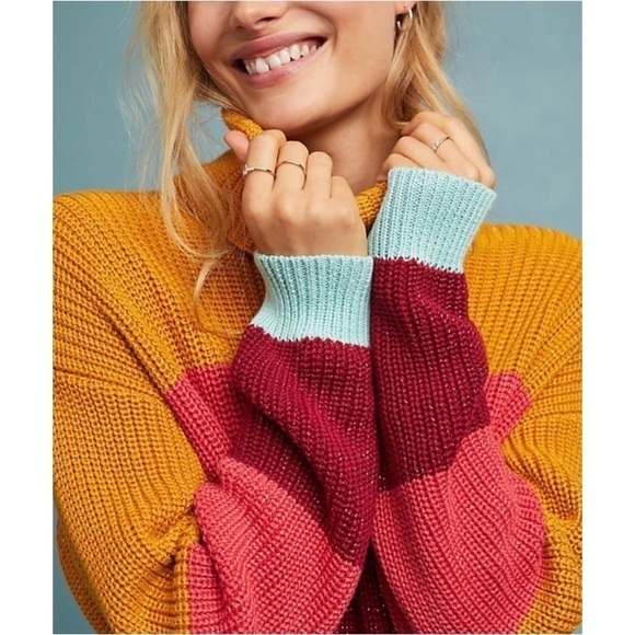 FARM RIO 90s Colorblock Stripe Chunky Knit Cropped Oversize Turtleneck Sweater S - Picture 3 of 6